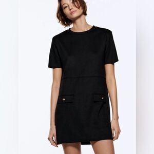 ZARA S Black Faux Suede Short Sleeve Dress with Gold Tone Buttons
